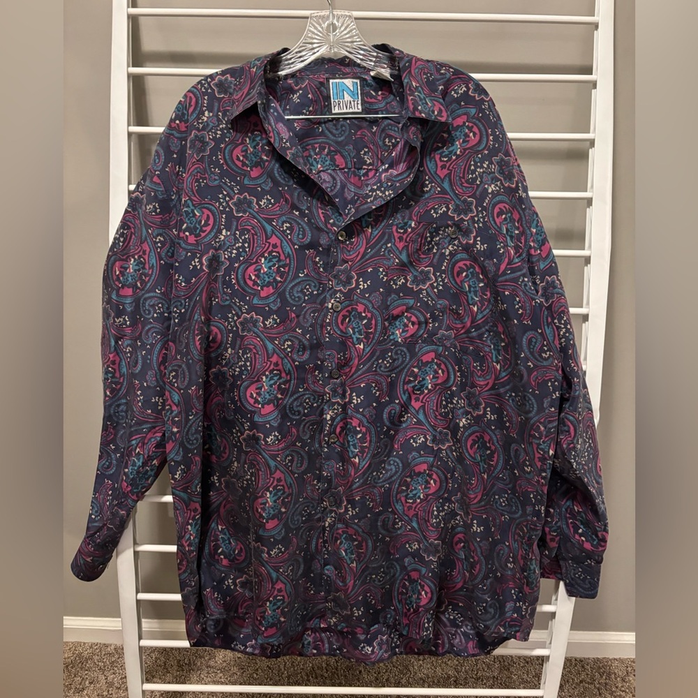 Vintage In Private 100% Silk Button Down Shirt Men’s L Paisley Purple Teal  Y2K